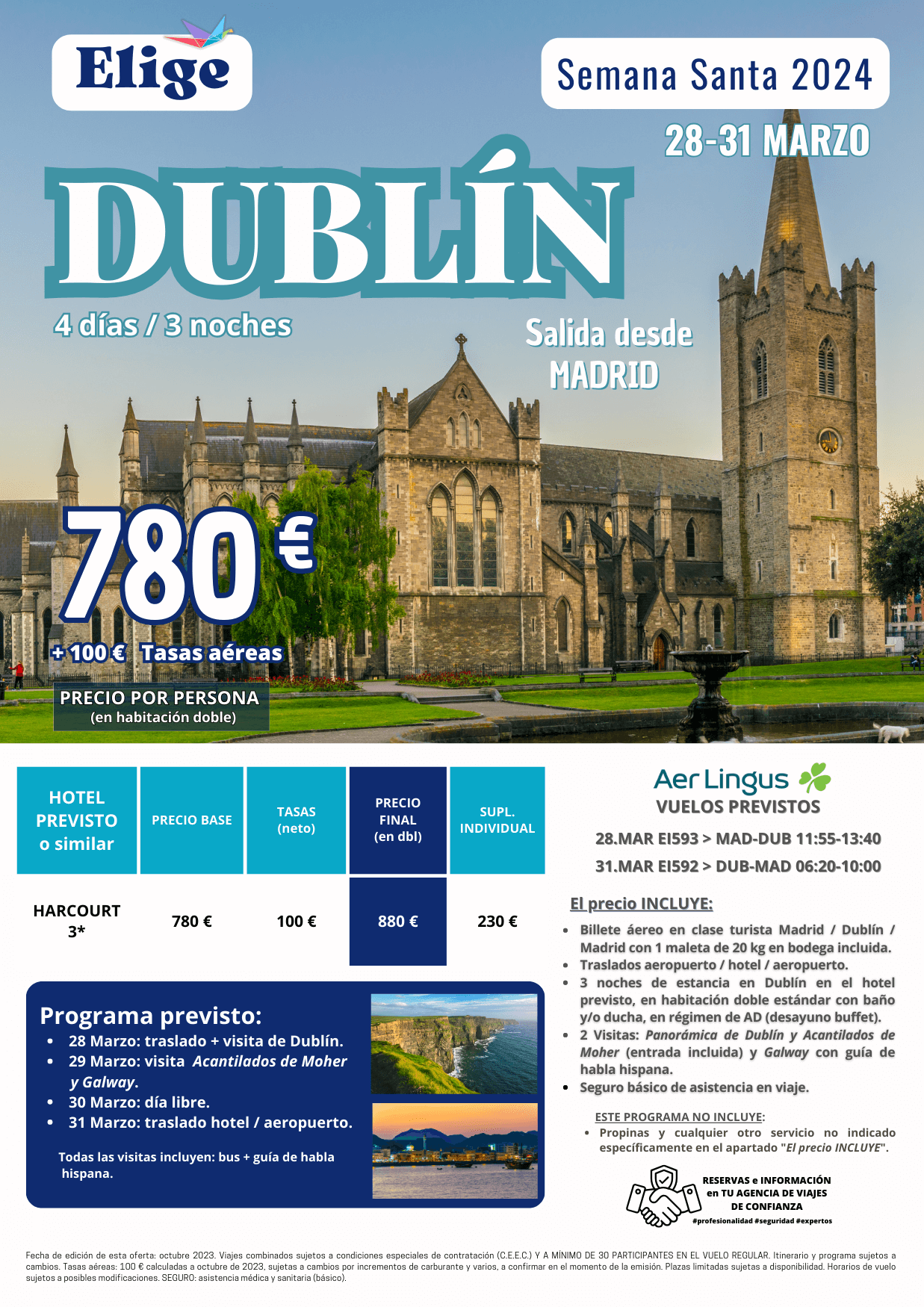 DUBLÍN, Semana Santa 2024 , 4 días-3 noches, vuelos directos desde Madrid, traslados, hotel 3*, 2 visitas con guía de habla hispana, para Agencias de Viajes con Elige tu Viaje.